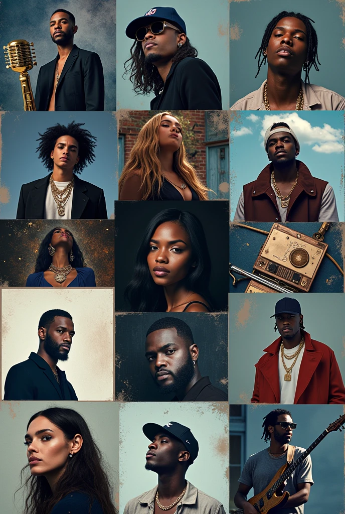 you can generate a moodboard of music in general it can be album covers, Artists, instruments etc.. that is something of cool tones and that has the color palette, that it looks neat and elegant but at the same time something under rap and hip hop style 