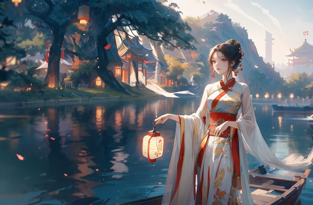 A woman in a long dress stands on a boat., palace ， Girl wearing Hanfu, ancient Chinese Princess, Wearing ancient Chinese clothes, Queen of the Sea Mu Yanling, Beautiful fantasy queen, Ancient Chinese beauties, Beautiful rendering of the Tang Dynasty, Dressed in ancient Chinese costumes, Chinese traditional clothing, Chinese Princess, Chinese Fantasy, Ancient Chinese Goddess