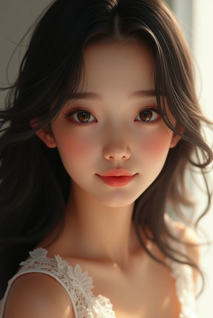 A realistic pretty girl with long hair, Asian brown skin, and a round double-eye lid eyes.