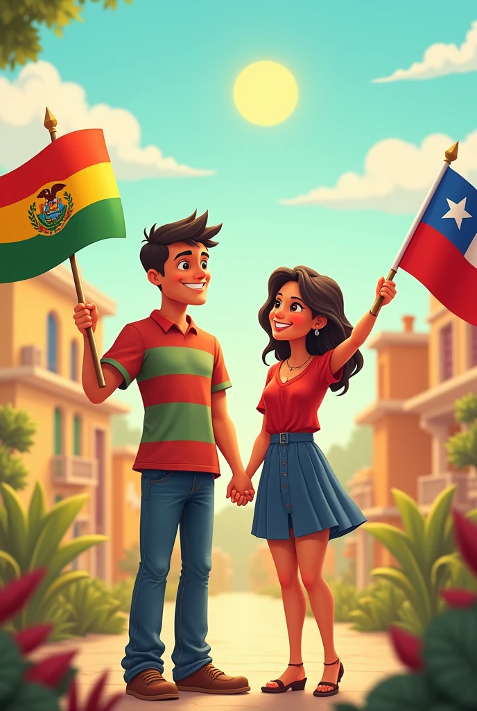 Bolivian male couple with red yellow and green flag, Chilean woman with Chilean flag, cute cartoon