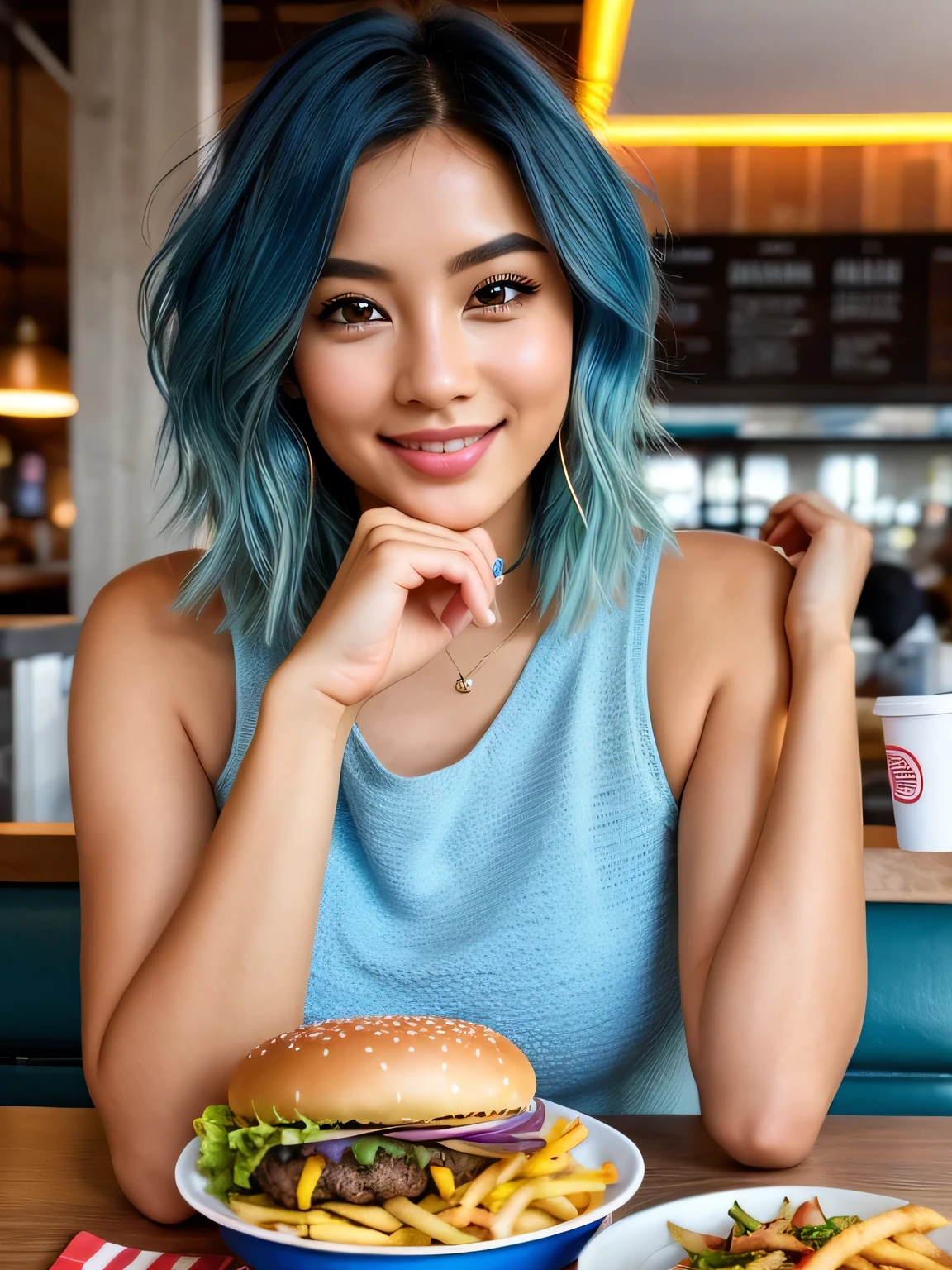 (blue hair:1.4), short hair, realistic green eyes, cobalt hair, long bob hair, tousled hair, shoulder length hair, Full body, woman with white skin and Asian features, 24 year old, big breast. She has a small, elegant nose with a slight upward curve at the tip. Her lips are full and naturally pink, with a well-defined Cupid's bow. Her teeth are straight and white, enhancing her captivating smile. Her face has an oval shape with high cheekbones that add to her model-like appearance. (crack), detailed (texture!, shine, color!!, flaws: 1.1), highly detailed glowing eyes, (looking at camera), specular light, dslr, extreme quality, crystal clear, cute face, detailed skin pores, oil Dark skin, brown, complex eye details, she is far from the camera, A full-body portrait, captured from a distance. Dynamic Frame, 8K, Best Quality, In this lively scene, two friends are captured in a candid moment at a fast-food restaurant, surrounded by an array of meal remnants that suggest a hearty feast. The table is cluttered with iconic fast-food packaging, including drink cups, burger boxes, and a fries carton, indicating they've enjoyed a variety of menu items. One individual is resting her head on her arm, perhaps in a moment of contentment or playful exhaustion from the meal. The other, with a look of satisfaction and a playful finger pressed to her lips, seems to be savoring the last bites of her food. There's an air of casualness and spontaneity to the image, with the friends immersed in the joy of sharing a meal together. The ambiance is informal and carefree, reflective of the fast-food dining experience detailed face, arms down, hands behind,(short hair:1.3),