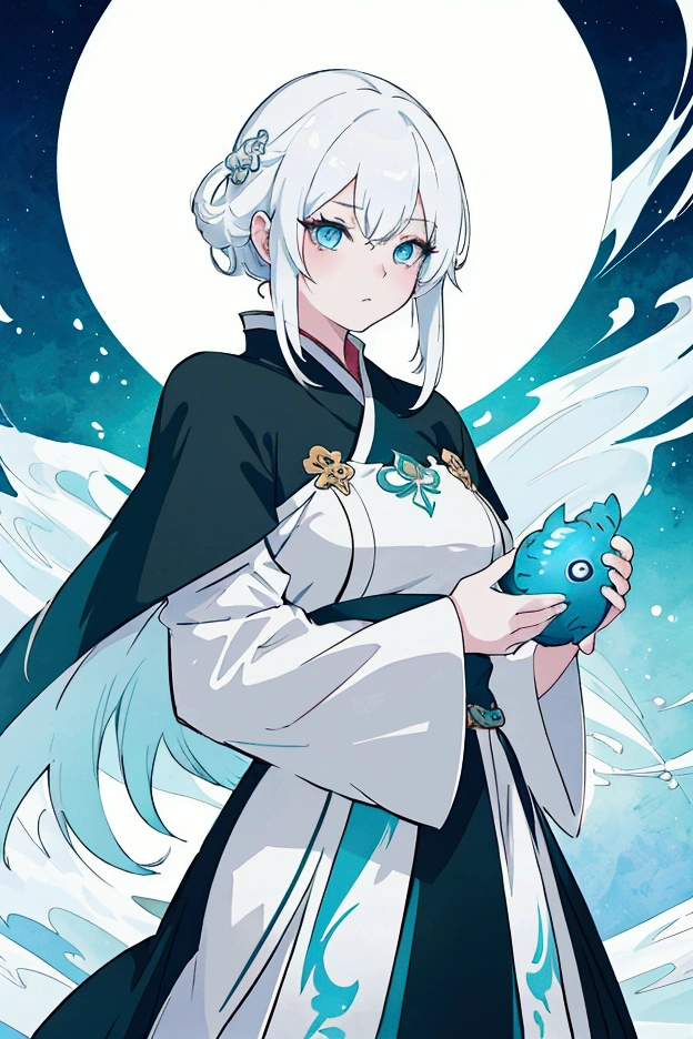 White hair，Anime girl with blue eyes holding a green fish, guweiz style artwork, White-haired deity, Asian female water element, Beautiful digital artwork, author：Yang J, guweiz on artstation pixiv, Fantasy art style, guweiz on pixiv artstation, Ross Tran 8k, 8k high quality detailed art