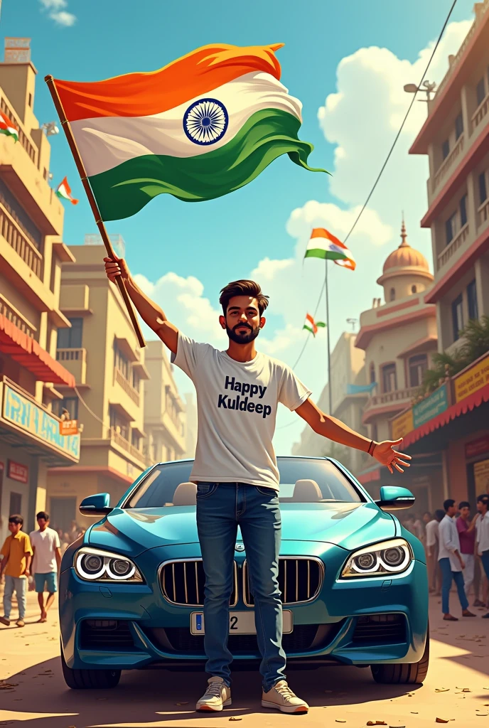 Illustration of an 18-year-old Indian boy standing next to a luxury car, holding the Indian flag high. The background features a colorful Indian street filled with children running with flags, vendors selling sweets, and a group of men chatting at a tea shop. The boy is wearing jeans and a white t-shirt with ‘Kuldeep’ on it, and the text ‘Indipends day is written in 3D at the top.”