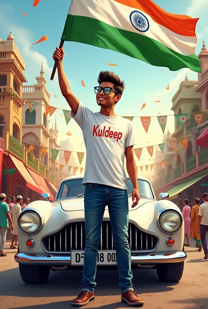 Illustration of an 18-year-old Indian boy standing next to a luxury car, holding the Indian flag high. The background features a colorful Indian street filled with children running with flags, vendors selling sweets, and a group of men chatting at a tea shop. The boy is wearing jeans and a white t-shirt with ‘Kuldeep’ on it, and the text ‘Indipends day is written in 3D at the top.”