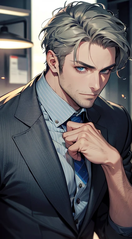 (best quality,4k,8k,highres,masterpiece:1.2),ultra-detailed,(realistic,photorealistic,photo-realistic:1.37),1 man,31 years old,mature man,very handsome,without expression,smile,short grey green hair,blue eyes,penetrating gaze,perfect face without errors,imposing posture,businessman,office background,cinematic lighting,hdr image
