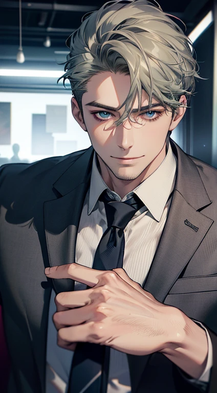 (best quality,4k,8k,highres,masterpiece:1.2),ultra-detailed,(realistic,photorealistic,photo-realistic:1.37),1 man,31 years old,mature man,very handsome,without expression,smile,short grey green hair,blue eyes,penetrating gaze,perfect face without errors,imposing posture,businessman,office background,cinematic lighting,hdr image