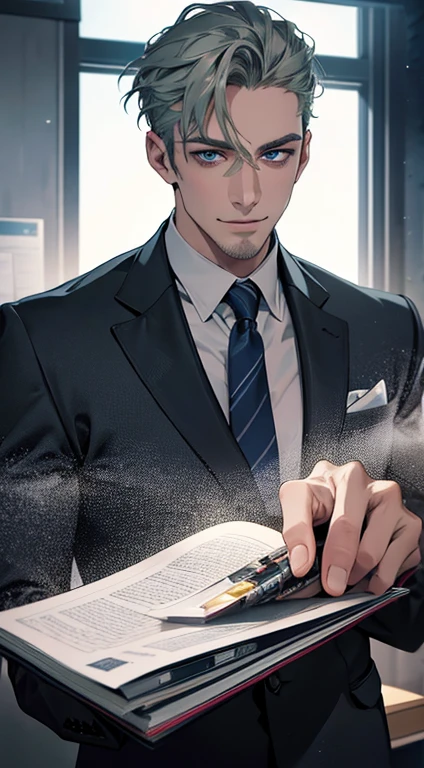 (best quality,4k,8k,highres,masterpiece:1.2),ultra-detailed,(realistic,photorealistic,photo-realistic:1.37),1 man,31 years old,mature man,very handsome,without expression,smile,short grey green hair,blue eyes,penetrating gaze,perfect face without errors,imposing posture,businessman,office background,cinematic lighting,hdr image