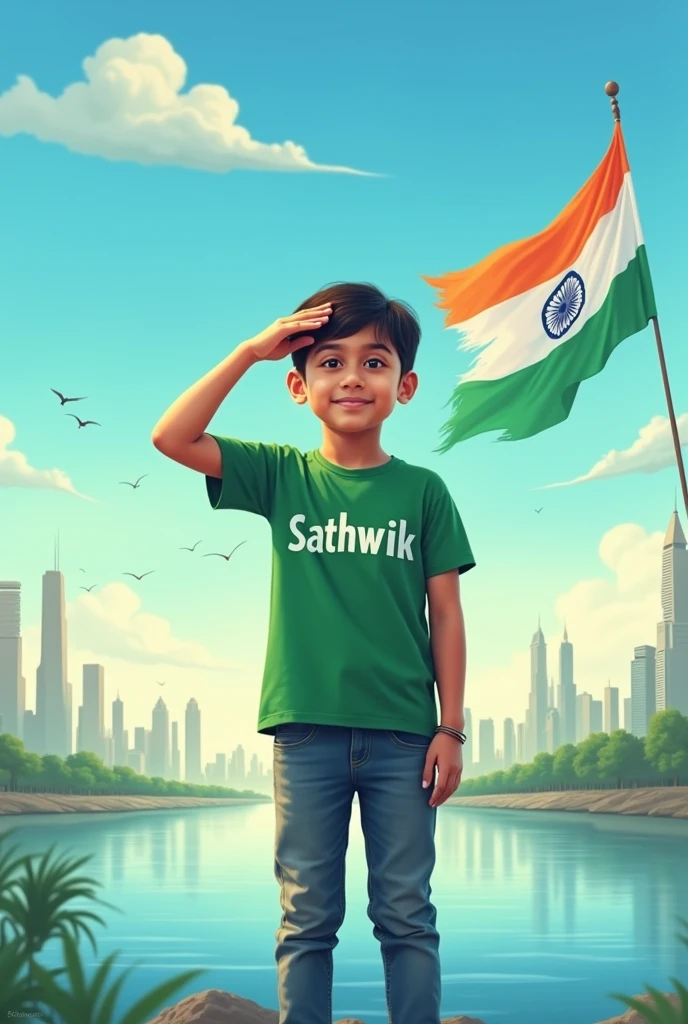 a young boy standing in front of a cityscape with the Indian flag flying in the background. The boy is wearing a green t-shirt with the word "Sathwik" written on it in white letters. He is saluting with his right hand and his left hand is resting on his head. The flag is the national flag of India, which is green, white, and orange in color. The cityscape behind the boy is filled with tall buildings and skyscrapers, and there is a body of water in the foreground. The sky is blue and there are a few birds flying in it. The overall mood of the image is peaceful and serene.