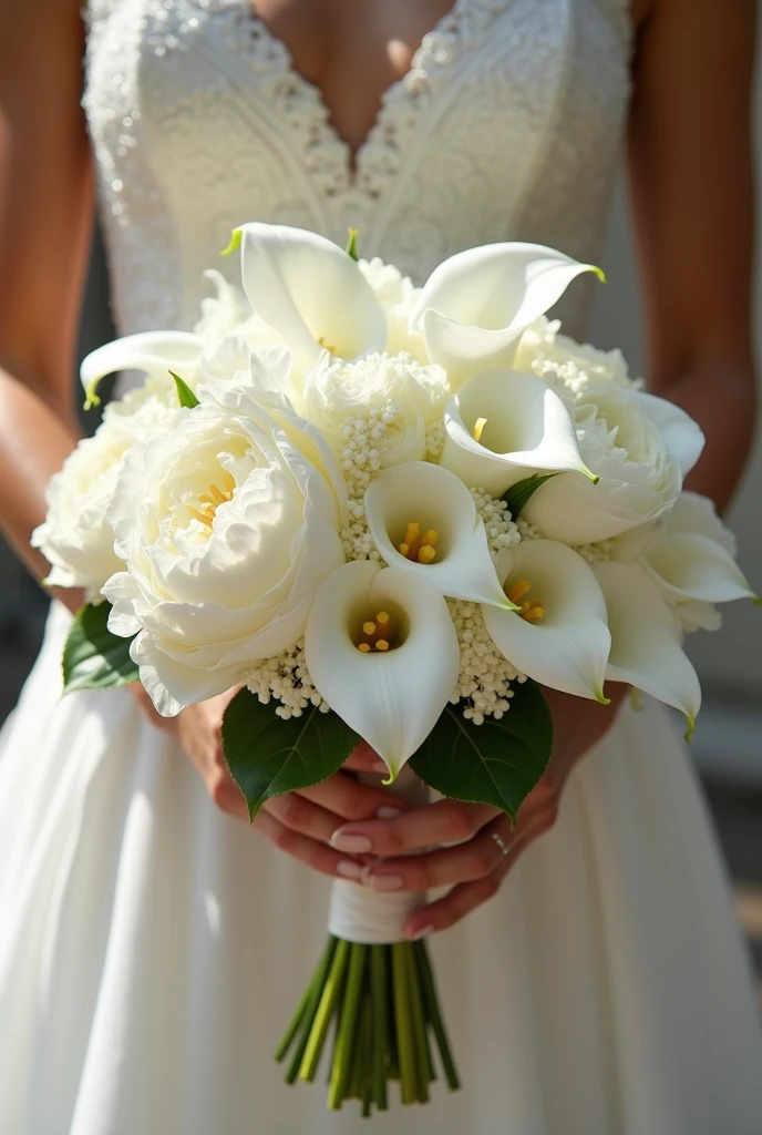 Bridal bouquet with calla lilies and white peonies