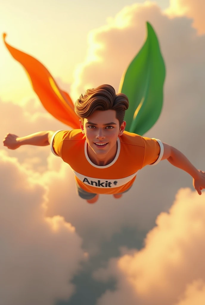 in 3d animation style a vary handsome boy 20year fly india tiranga Ankit name is printed on the T-shirt