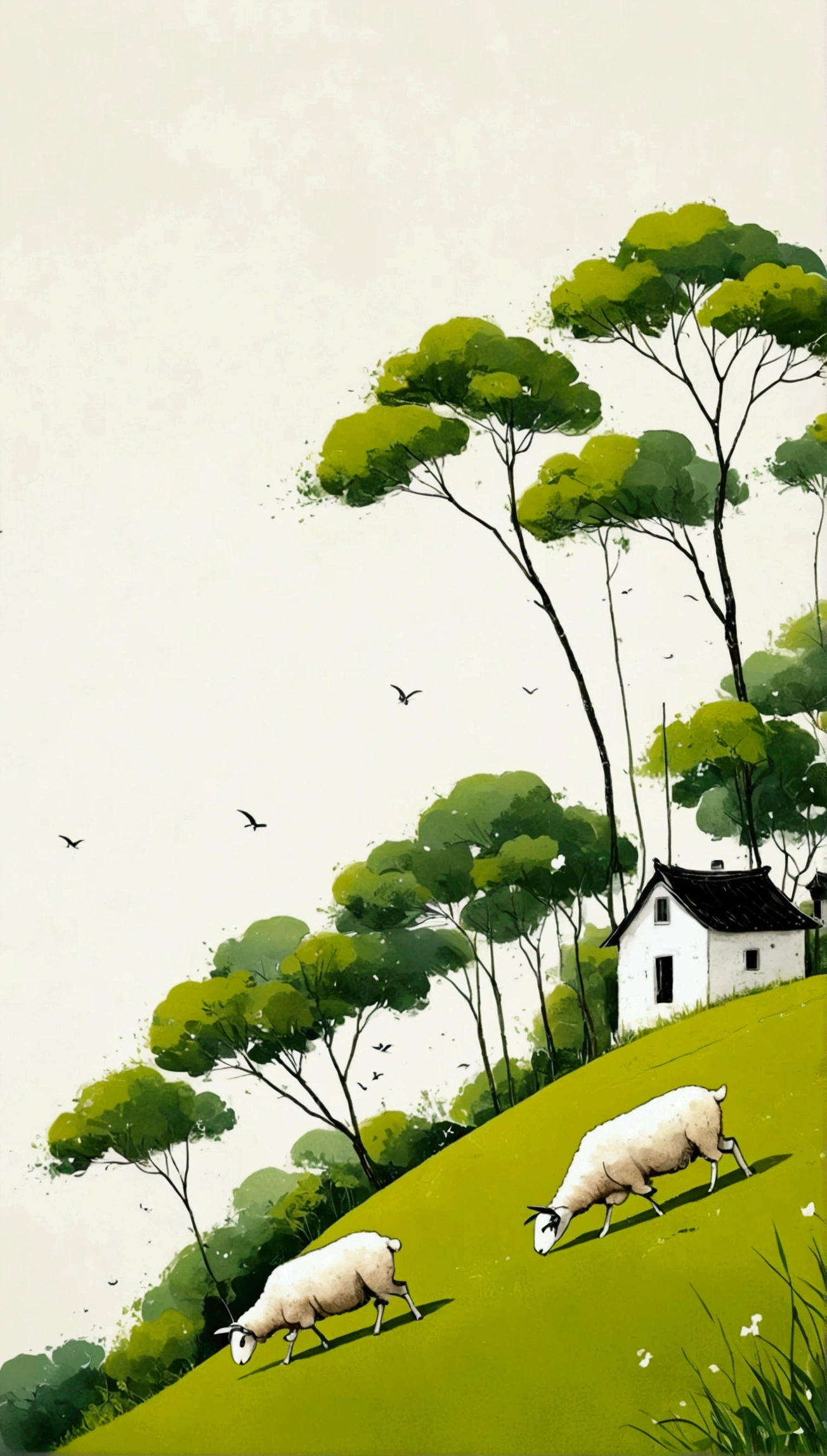 Sky accounts for 3%/4,75%Blank.中国水墨画sketch:Light Ink,Lowercase,sketch,artistic conception:2.point,sheep on grass,Small house in the distance,Minimalism,White background。(((Negative Space:2,大面积Blank:2, Bottom left composition)))