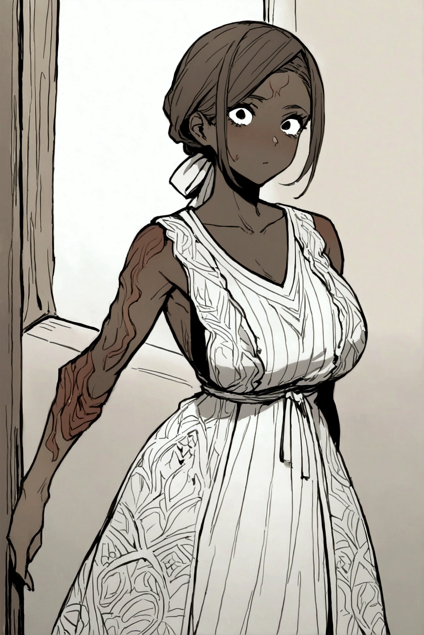 A female character who looks like a victim of terrible burns, brown skin tone due to burns, black eyes, hairless, somewhat pretty appearance despite her seemingly burned skin, high, wearing clothes similar to the old women's dresses of the year 1692, black and white