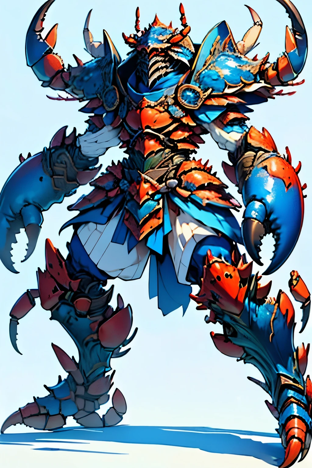 an armored bipedal crab monster, warrior style, blue shell white skin, large fantasy style pincers.
