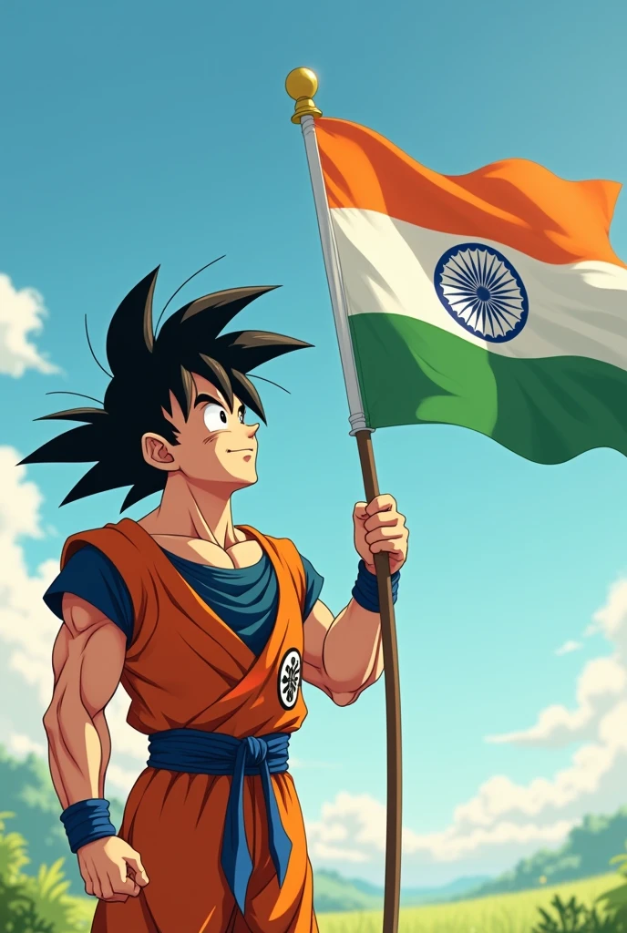 Goku Holding Indian Flag in his Hand with Smile looking at Flag no Cuts in flag