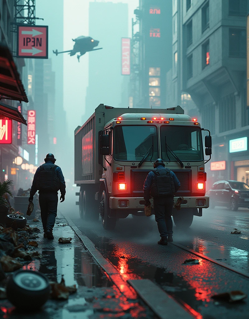 Garbage truck、Two garbage collectors、Garbage Station、The cityscape of a cyberpunk city shrouded in morning mist、