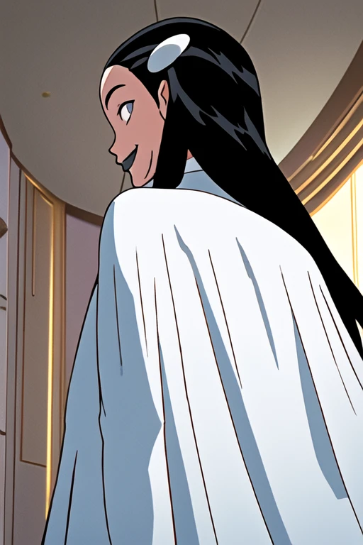 Tinya Wazzo, solo,black hair, long hair. grey eyes, smile, grey lips, white cape, best quality, masterpiece, 1girl, Masterpiece, Best Quality, Detail, room, From Behind, From Below, cape wavering in fronts