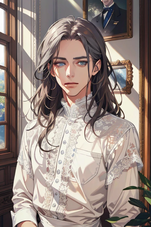 1 man, Realistic, master-piece, bestquality, Beautiful, detailed eyes and detailed faces.,natural light, European retro, White shirt, lace, Long dark blsck hair, blue grey eyes, attractive, depressed, Decorative flowers, sunbeam, 31 years.