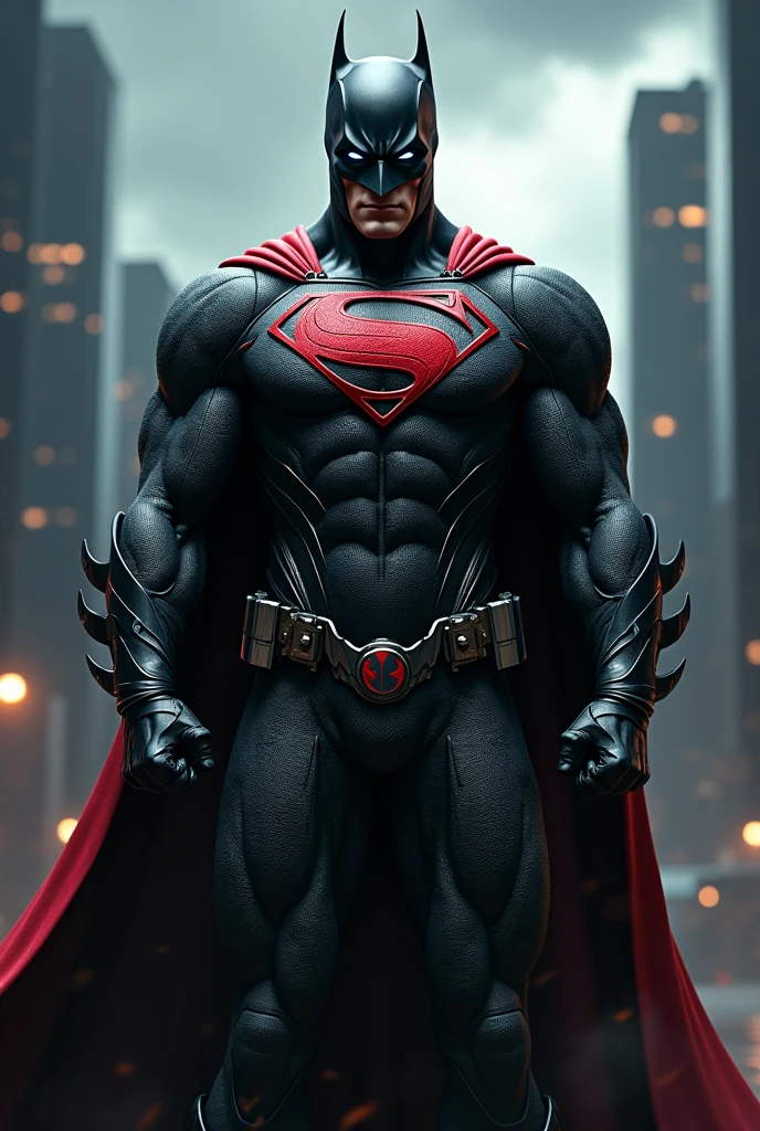 Create a highly detailed, HD image of a fusion of Batman and Superman, adding details of Deadpool.