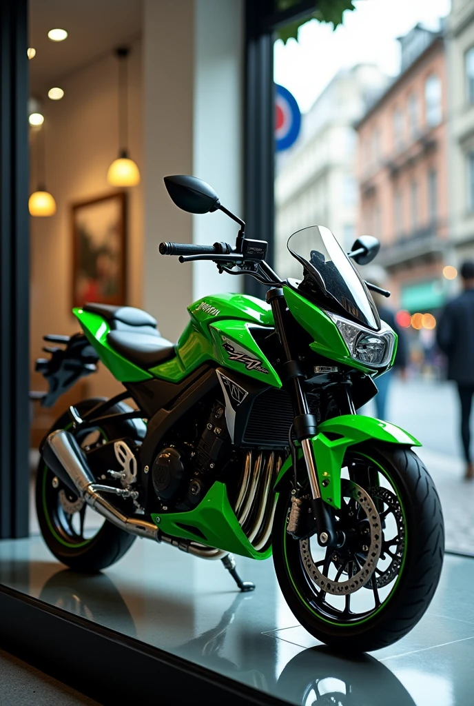 observing a kawasaki 250 motorcycle in the shop window