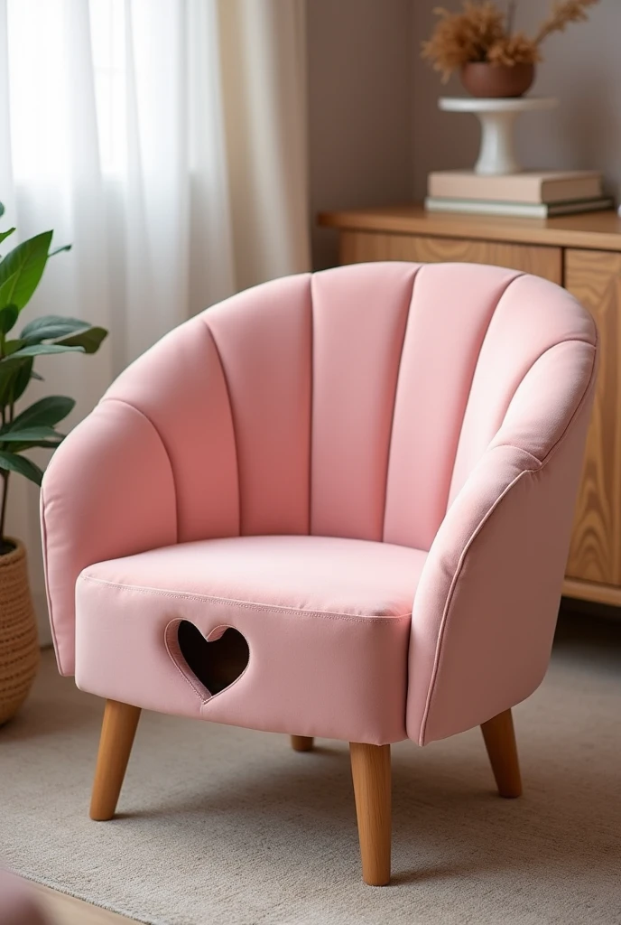 Living room furniture with 4 legs fully upholstered with a heart silhouette at the base, backless and pink.
 

