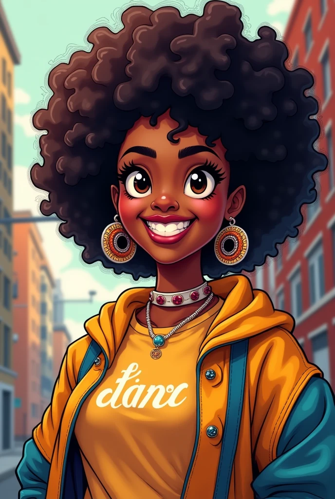 cartoon image of a woman with a big afro hair, super cute funky black girl, cartoon style illustration, cartoon art style, cartoon art style, in digital illustration style, highly detailed character design, cute detailed digital art, urban girl fanart, portrait character design, beautiful digital illustration, high quality portrait, cartoon art, afro, character design portrait, hugh boobs