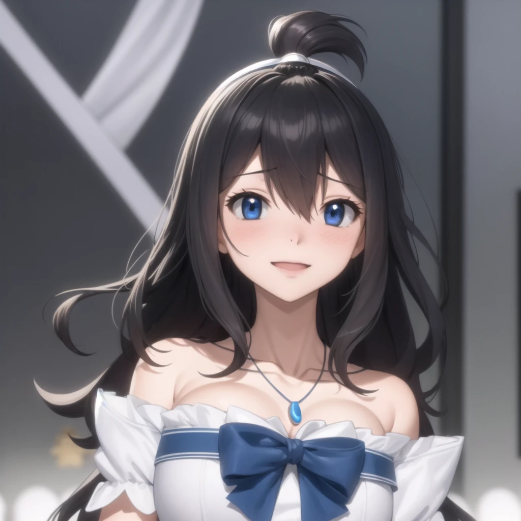 Sagisawa Fumika, 1 Girl, Solitary, watch, pendant watch, blue eyes, breast, Gloves, Headdress, skirt, Long hair, cleveage, Looking at the audience, white Gloves, Bare shoulders, open mouth, large breast, Strapless, Necklace, blush, white skirt, Black Hair, Brown hair, Hair between the eyes, Strapless skirt, clavicle, Smile, Bangs, on stage,