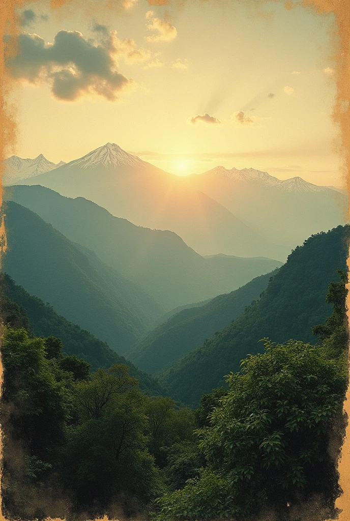 Horizontal format of a Colombian landscape with the sun rising behind the mountains , Old school style photograph