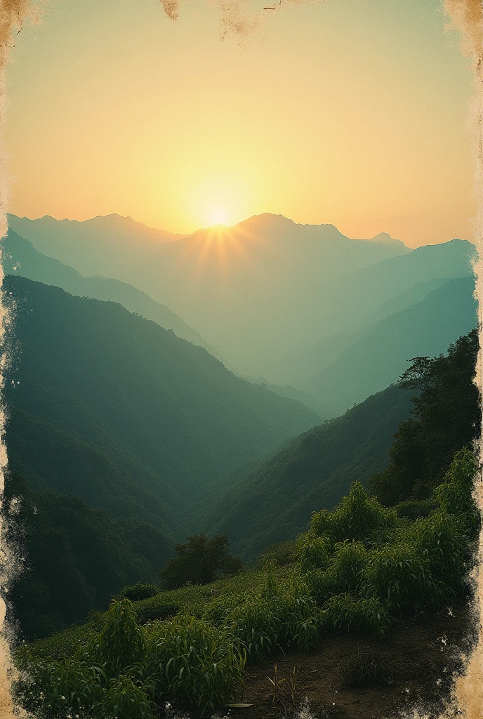 Horizontal format of a Colombian landscape with the sun rising behind the mountains , Old school style photograph