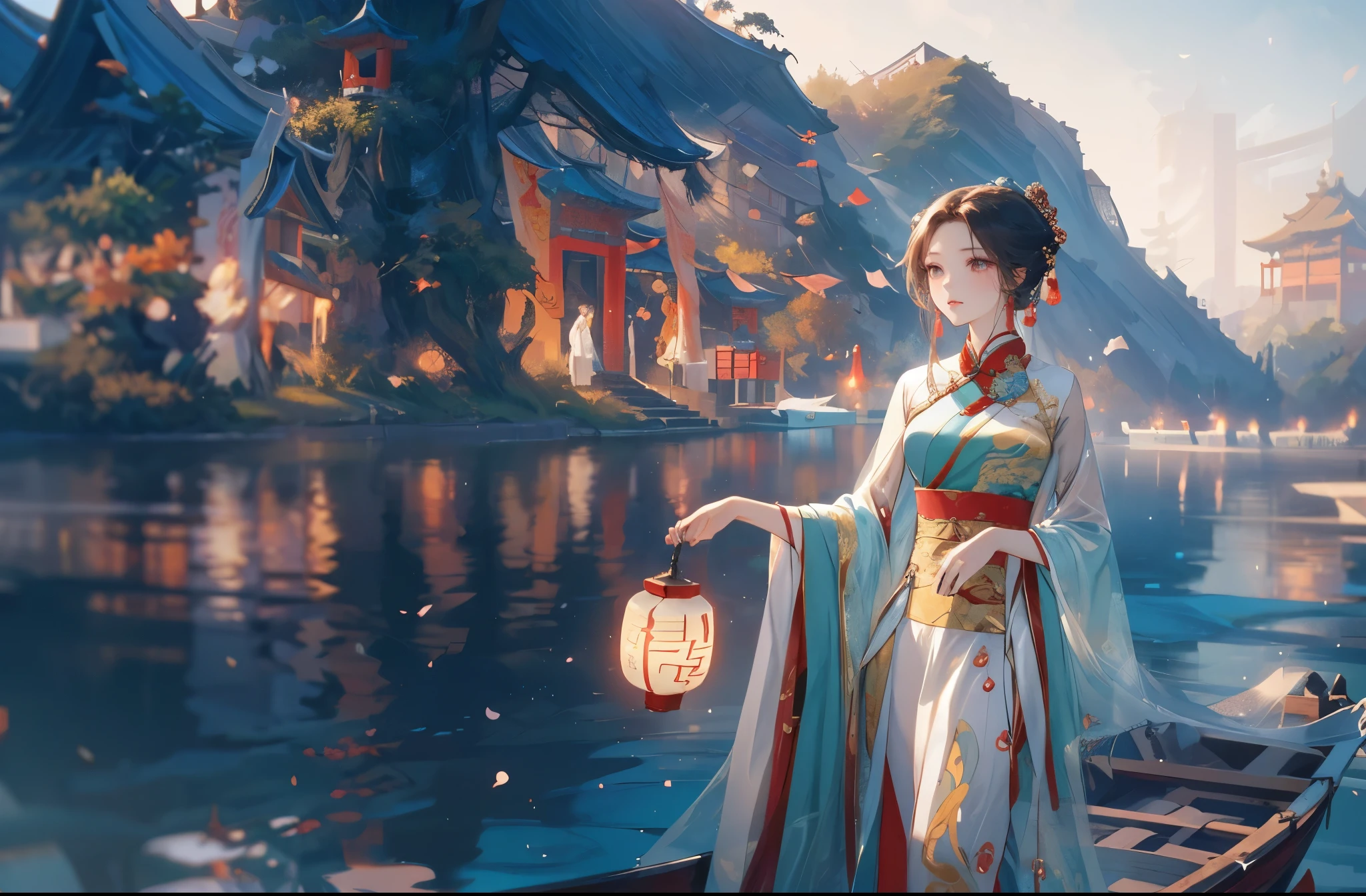 A woman in a long dress stands on a boat., palace ， Girl wearing Hanfu, ancient Chinese Princess, Wearing ancient Chinese clothes, Queen of the Sea Mu Yanling, Beautiful fantasy queen, Ancient Chinese beauties, Beautiful rendering of the Tang Dynasty, Dressed in ancient Chinese costumes, Chinese traditional clothing, Chinese Princess, Chinese Fantasy, Ancient Chinese Goddess