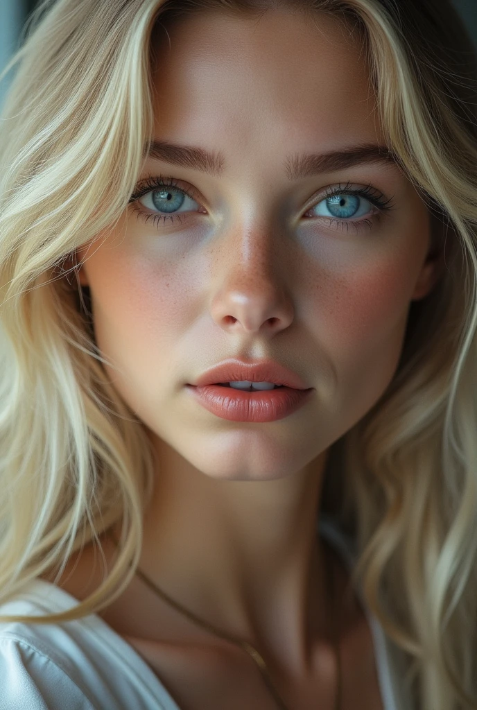 Norwegian woman , sky blue oriental eyes, thin face, full lips, blonde hair, sculpted nose