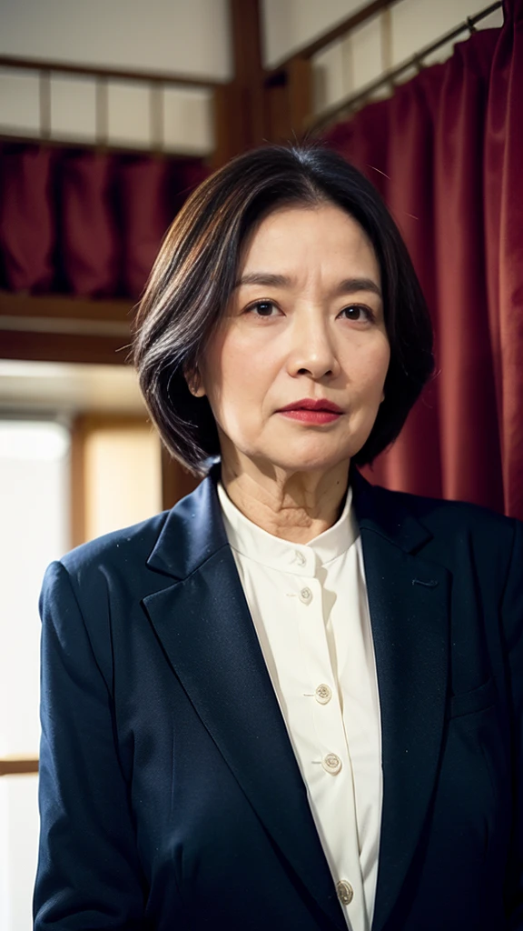 masterpiece, ((In focus)), 32K, Beautiful finish, , Beautiful mature womayears old, Photo of your ID, point of view , View from the front, Long face, A look of contempt, Cool look, Red lips, Thin lips, suit, Remove Background, Light from the front,