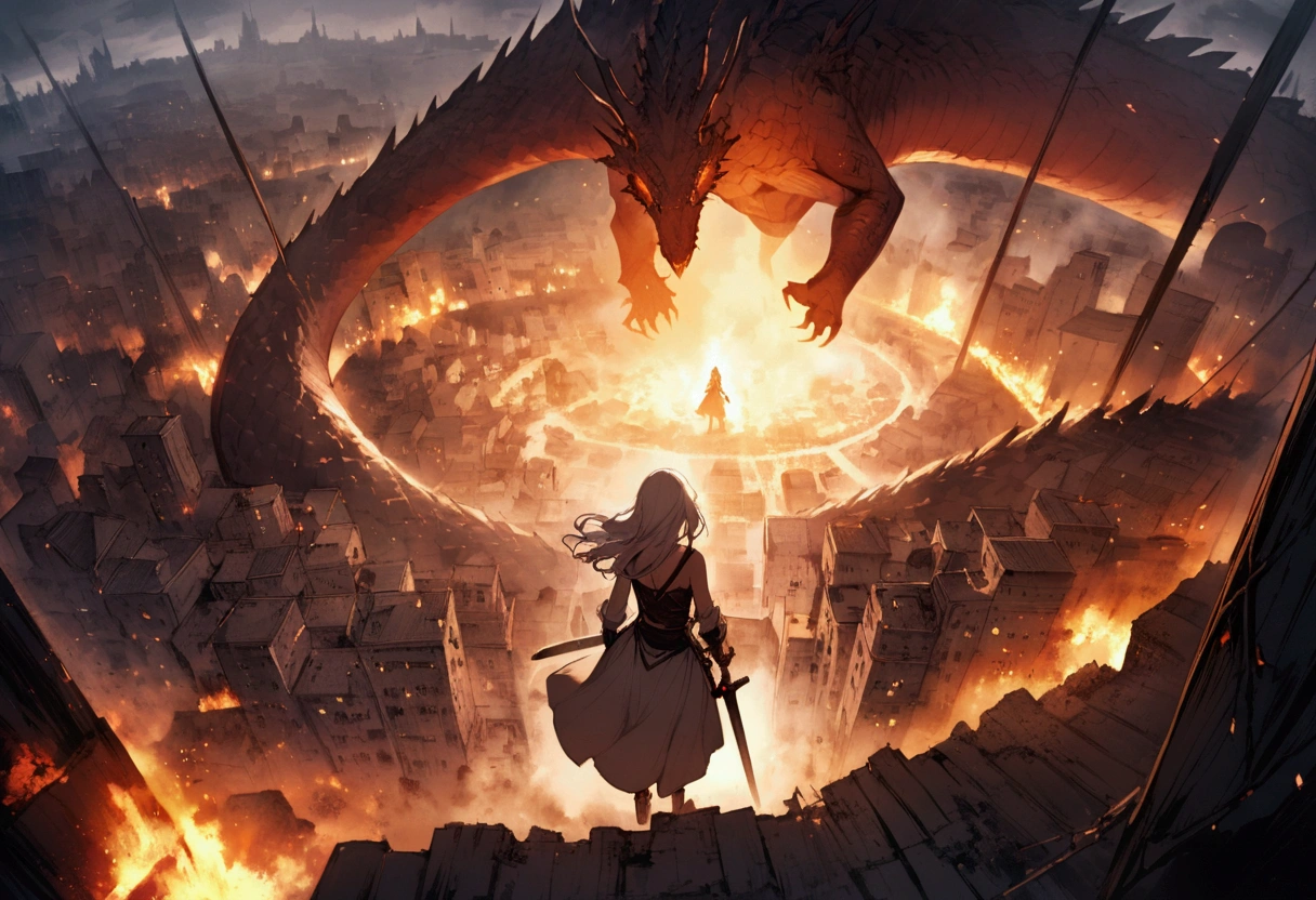 Woman with a sword. In a battle with a giant dragon, White Hair, A back view of someone facing forward, Panoramic view from above, A crumbling city, inflammation