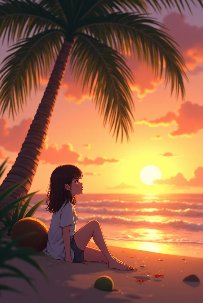 Young girl at sunset on the beach next to a palm tree and a coconut, sitting facing forward