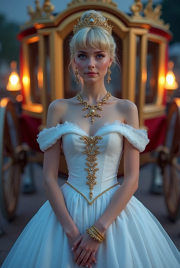 Two-horse pull carriage, gorgeous carriage, Pick-up from the palace, In front of the palace at night, In front of the carriage,  at viewer, English female, Age: 20 age-old, blond hair , chignon , fringe, beautiful blue eye, little smile, (middle cup breasts, slender whist, middle hip ,beautiful pussy, beautiful anal, public hair),(White color Princess dress, Velvet Fabric, evening long dress:1.3), A Royal blew gown is draped over her shoulders to keep out the cold,stockings, HI heals, gold ring earring, gold neckless, bracelet, tiara , standing ,UHD, accurate, anatomically correct, textured skin, super detail, high details, high quality, best quality,