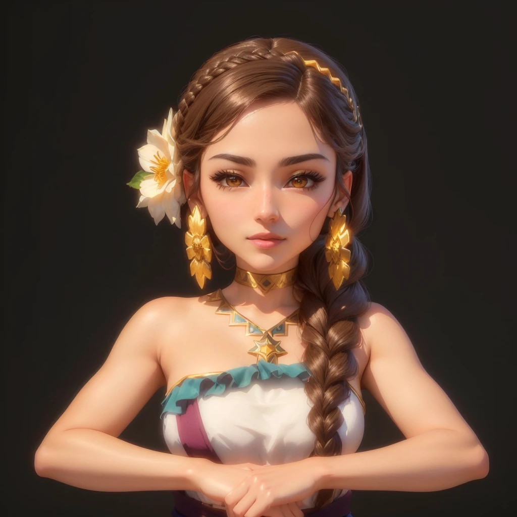 There was a woman,Her hair is braided,Middle Eastern appearance,European looks,Wearing flowers on the head, Portrait of a Modern Darna, very detailed character, 3D rendering style, Rendering a cute 3D anime girl, Stylized portrait formal pose, Realistic Maya, Stylized anime, Anime Thai girl, April Rendering, Stylized portrait, A rendering of Mirabelle Madrigal, Produced in collaboration with Anime Painter Studio