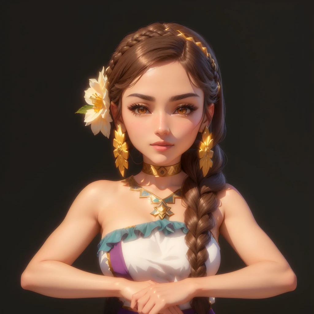 There was a woman，Her hair is braided，Middle Eastern appearance，European looks，Wearing flowers on the head, Portrait of a Modern Darna, very detailed character, 3D rendering style, Rendering a cute 3D anime girl, Stylized portrait formal pose, Realistic Maya, Stylized anime, Anime Thai girl, April Rendering, Stylized portrait, A rendering of Mirabelle Madrigal, Produced in collaboration with Anime Painter Studio