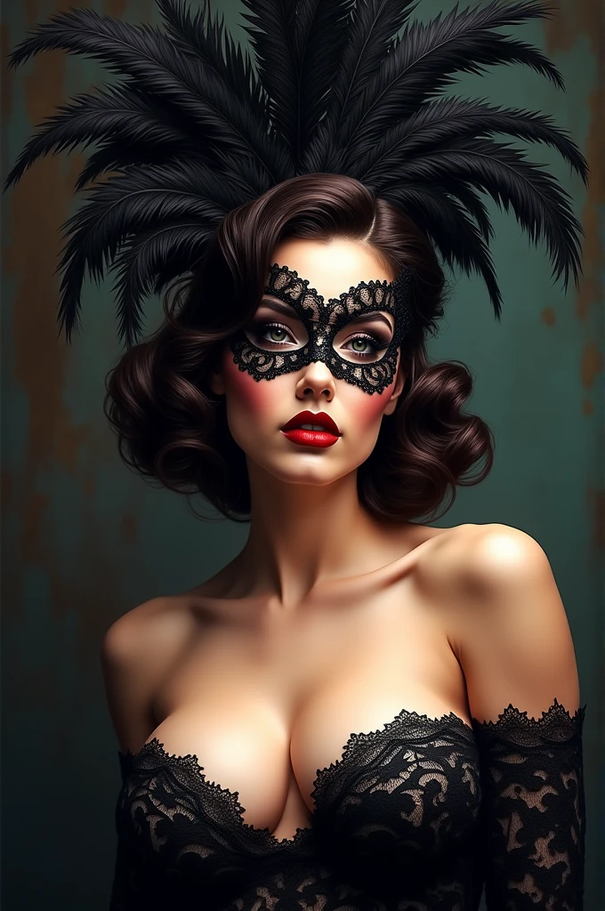 Logo of a woman with a beautiful face,
cabaret with feathers in her head, black lace mask with huge breasts and erect nipples