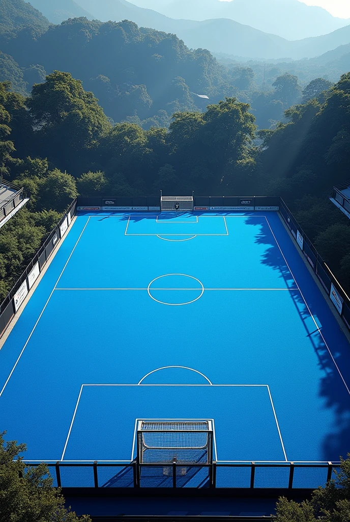 MAKE ME AN EYE-CATCHING FUTSAL FIELD BACKGROUND, BERWARNA PADUAN BIRU, REALISTIC BLACK AND WHITE
