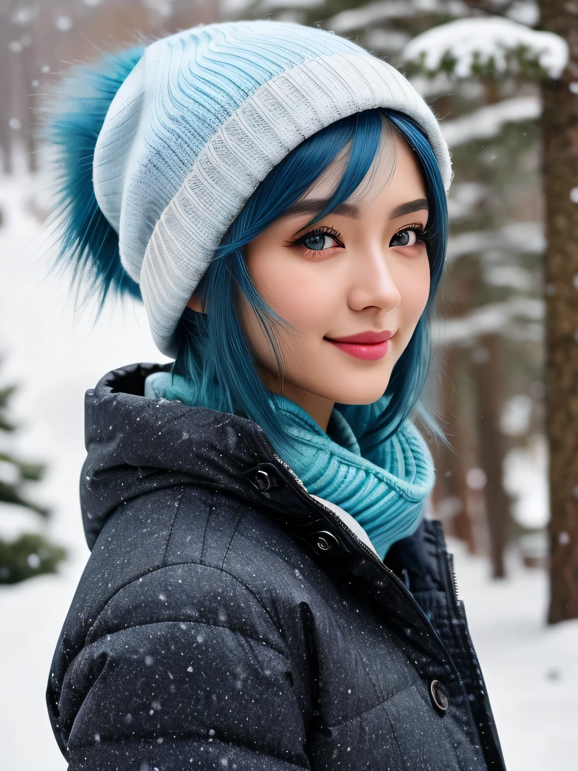 (blue hair:1.4), short hair, realistic green eyes, cobalt hair, long bob hair, tousled hair, shoulder length hair, Full body, woman with white skin and Asian features, 24 year old, big breast. She has a small, Her face has an oval shape with high cheekbones that add to her model-like appearance. highly detailed glowing eyes, specular light, extreme quality, crystal clear, cute face, detailed skin pores, oil Dark skin, brown, complex eye details, 8K, ((high quality, 8K, Ultra HD, high quality, high quality, High resolution, realism)) 、smile、well-proportioned body、Background blur((depth of field))、Aerial perspective((atmospheric perspective))、In snowy mountain forests、Wear suitable winter snow clothing、Wear winter trousers、Wear winter shoes、Walking through the snow、Wear a knitted hat、Wear cold weather gloves、Lots of snow, (short hair:1.3), scarf.
