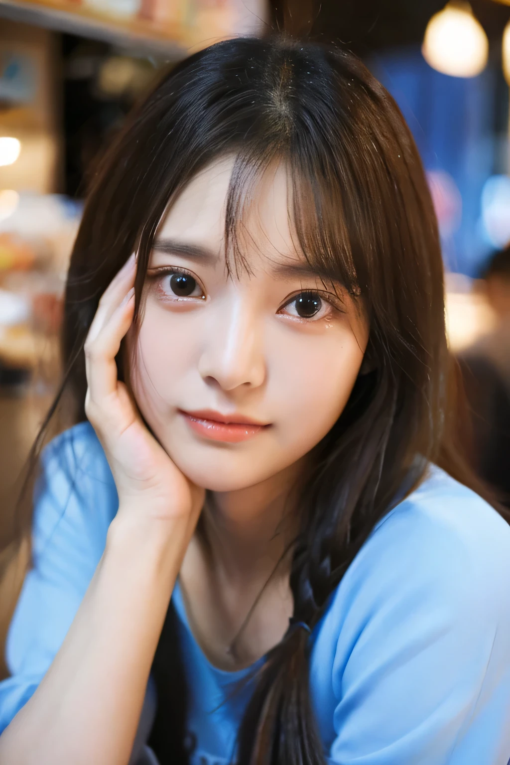 a cute korean girl student, beautiful detailed eyes, beautiful detailed lips, extremely detailed face and eyes, long eyelashes, extremely detailed hand ,soft skin, korean style hair, natural makeup, korean casual clothes, sitting in a korean food stall, variety of korean street foods in background, colorful korean market stall, cold lighting, professional studio lighting, realistic, photorealistic, 8k, high quality, masterpiece, Selfi 
