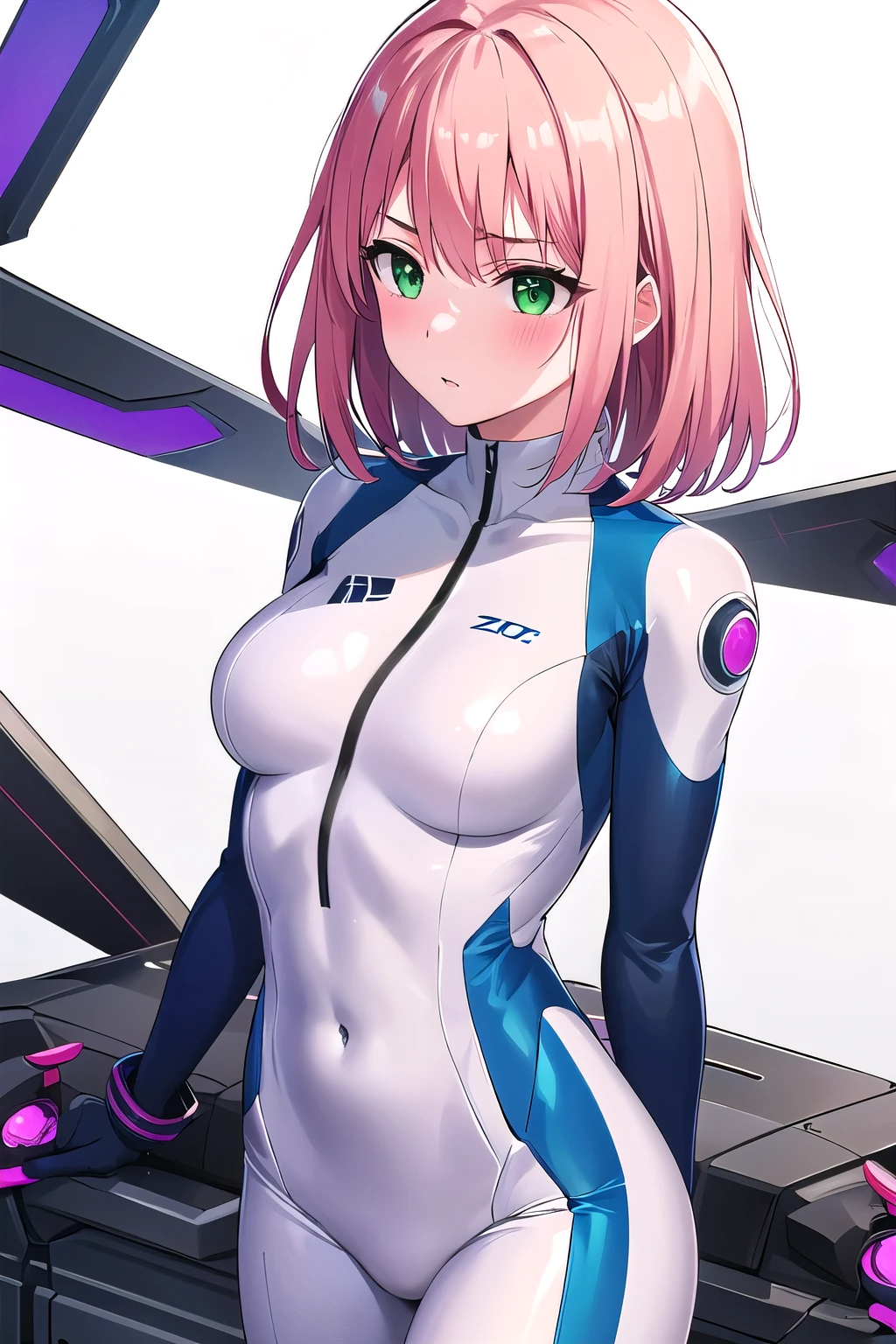 1 girl,Samus aran,solo,green eyes, pink hair, forehead hair, white zero suit,white body suit,purple stripes,cowboy shot,blush,,Science fiction,ultra-detailed,sharp focus,aesthetic,(best quality), white background