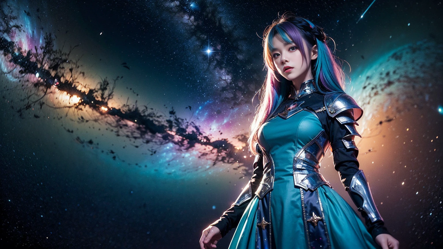 A woman in armor with rainbow hair and a detailed teal dress, Are standing, Rainbow colored space nebula background, performer, Milky Way, Intricate details, Perfect Face