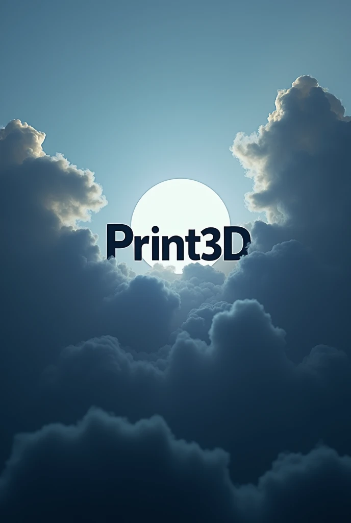 an image in which there are several clouds in the background and it has to say Print3D in the center, make the early morning clouds not so daytime nor so nighttime but make it look darker and make Print3D have a white light in the background but make the logo black and make the clouds be in the middle of the text