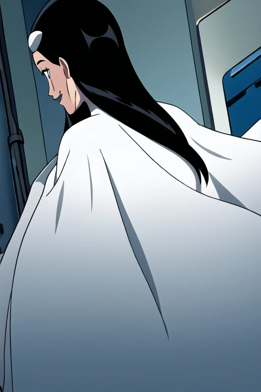 Tinya Wazzo, solo,black hair, long hair. grey eyes, smile, grey lips, white cape, best quality, masterpiece, 1girl, Masterpiece, Best Quality, Detail, room, From Behind, From Below, cape wavering in fronts
