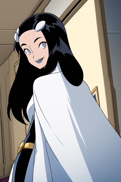 Tinya Wazzo, solo,black hair, long hair. grey eyes, smile, grey lips, white cape, best quality, masterpiece, 1girl, Masterpiece, Best Quality, Detail, room, From Behind, From Below, cape wavering in fronts