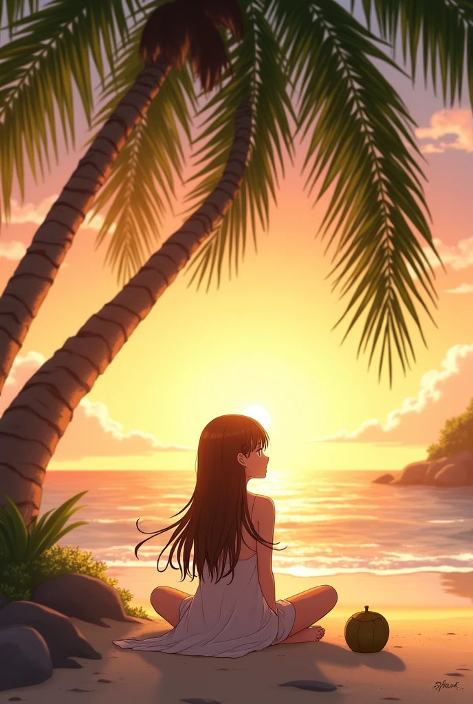 Young girl with long hair sitting on a beach at sunset next to a palm tree and a coconut facing forward