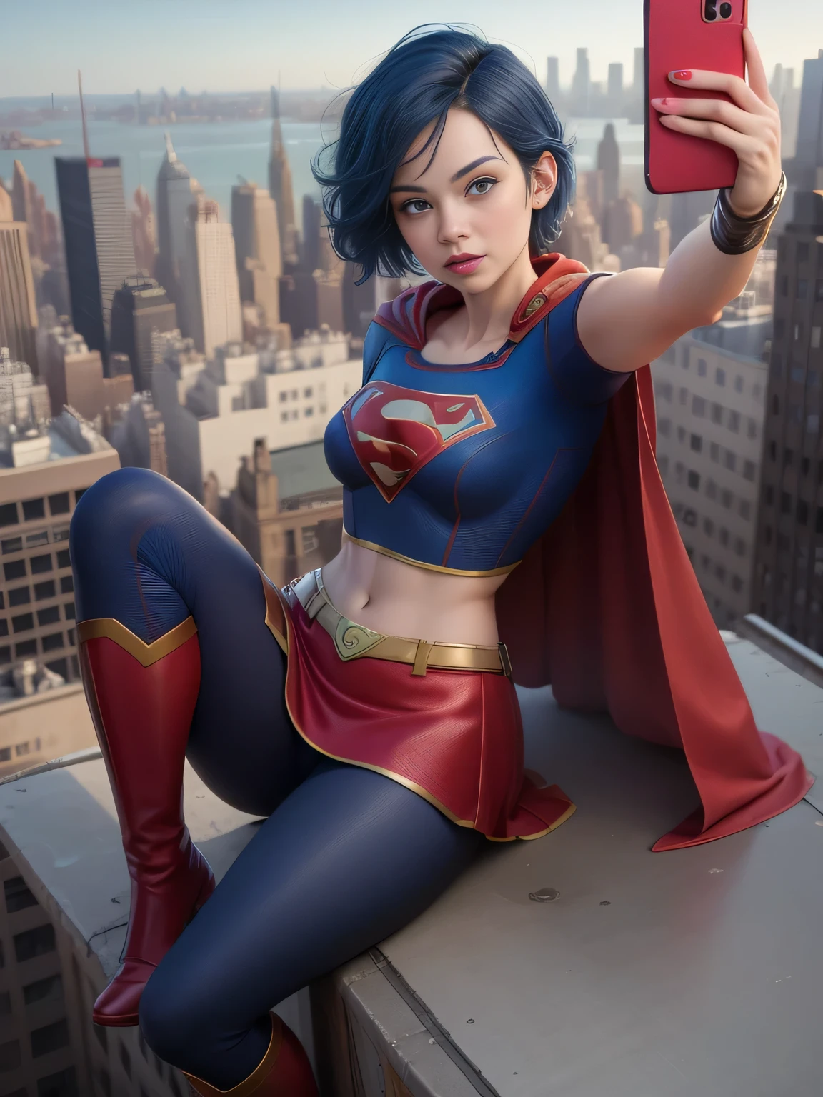 cute and Supergirl short blue hair and blue eyes, blue croptop, short sleeves, red cape, red pencil skirt, red boots, red gloves, outdoor, on top of a building, view of the city of New York, arms down, hands behind, (supergirl Taking a selfie:1.3)