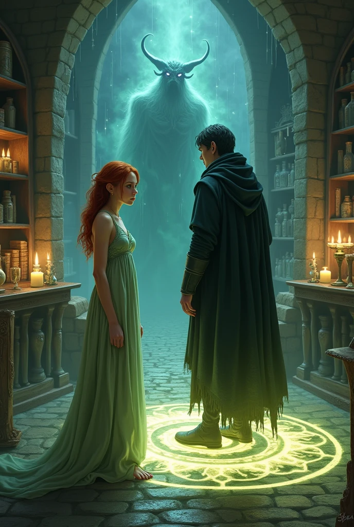 "What have I summoned?"; BREAK A (photorealistic masterpiece) (highly detailed faces, fantasy illustrations with gothic, with muted colors), BREAK (this is a "wizard's tower" with distant lights glittering and filled with ancient tomes, magical reagents, glasses and jars and a ((glowing magic circle on the floor)). Candlelight light illuminates the cobbled stone floor and walls); BREAK (Elf sorceress: a beautiful young diminutive Elf woman with (elf ears), crimson hair, delicate features, pale skin, and green eyes); wearing ((sleeveless)) pale green robes, arcane magic is woven around, summoning a DEMON from the Abyss, BREAK (Demon: a tall handsome dark-haired man, dark robes, black cloak, glittering blue eyes) and (wispy apparation:1.3), BREAK (female elf in the background facing the viewer and DEMON on top of the magic circle with his back facing the viewer..
