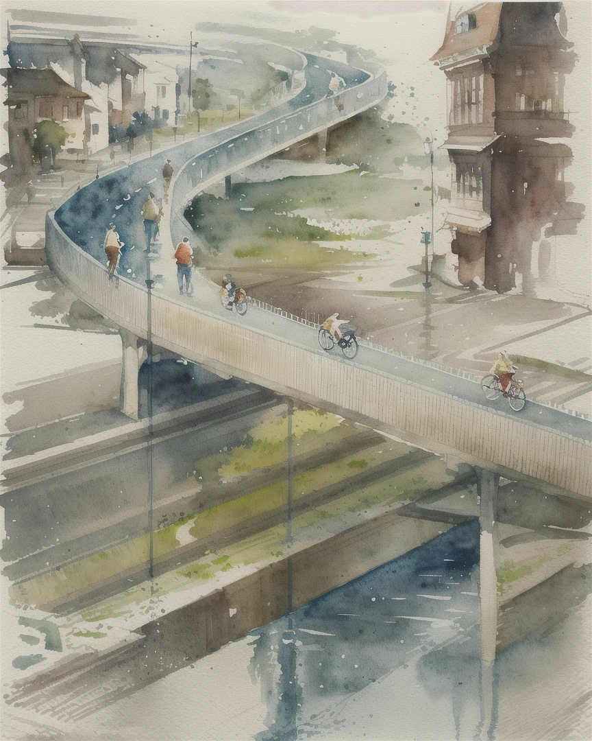 miaobishenghua , ArchiZHS, bridge, many trees, street, people, flower field, watercolor style