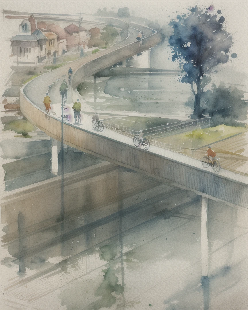 miaobishenghua , ArchiZHS, bridge, many trees, street, people, flower field, watercolor style